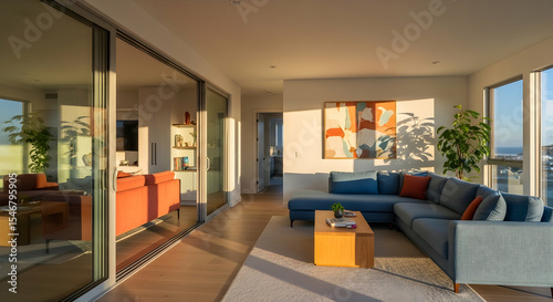 Modern Living Room With Ocean View Bathed In Golden Sunlight At Sunset