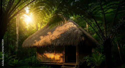 Thatched Roof Cabin Nestled In Lush Tropical Jungle With Sunlight