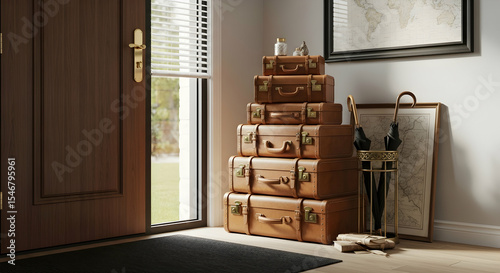Stacked Vintage Suitcases Near Open Doorway Ready For Travel Adventure