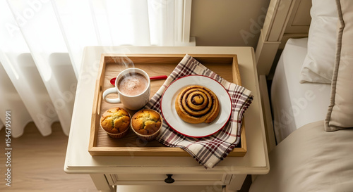 Cozy Morning Still Life With Breakfast Tray Beside Bed And Natural Light