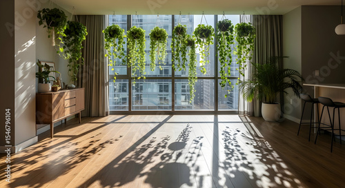 Sunlight Streaming Through Potted Plants in a Modern Urban Apartment