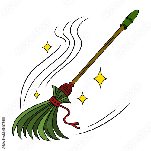 Witch and wizard broom halloween magic with air currents and wind. Magical broomstick. Outline art element collection 