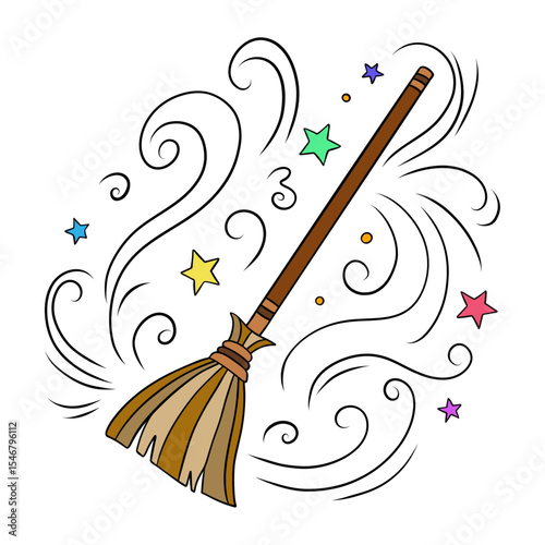 Witch and wizard broom halloween magic with air currents and wind. Magical broomstick. Outline art element collection 