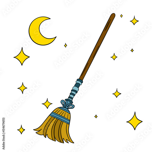 Witch and wizard broom halloween magic with air currents and wind. Magical broomstick. Outline art element collection 
