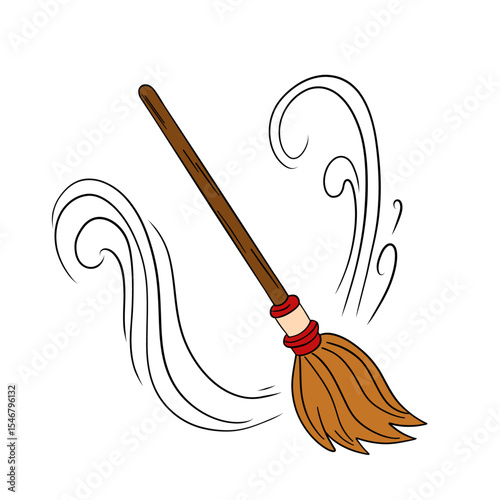 Witch and wizard broom halloween magic with air currents and wind. Magical broomstick. Outline art element collection 
