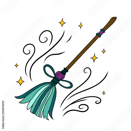 Witch and wizard broom halloween magic with air currents and wind. Magical broomstick. Outline art element collection 
