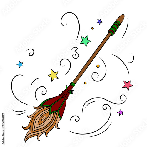Witch and wizard broom halloween magic with air currents and wind. Magical broomstick. Outline art element collection 