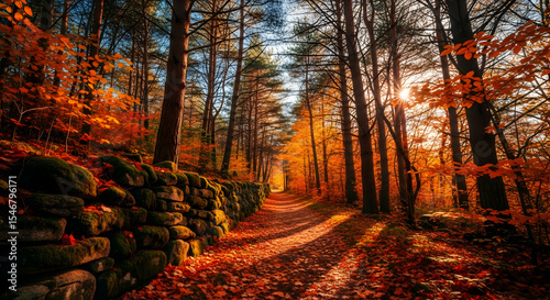 Vibrant Autumnal Pathway Through A Forest With An Old Stone Wall