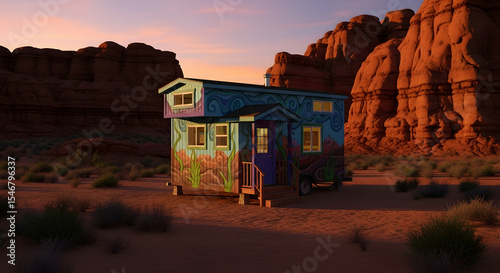 Unique Mobile Home in Desert Landscape at Sunset with Colorful Design
