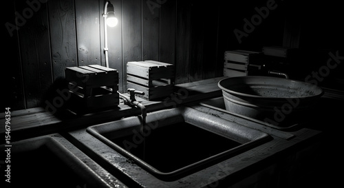 Monochrome Moody Photography of Water Basin and Crate in Dark Interior