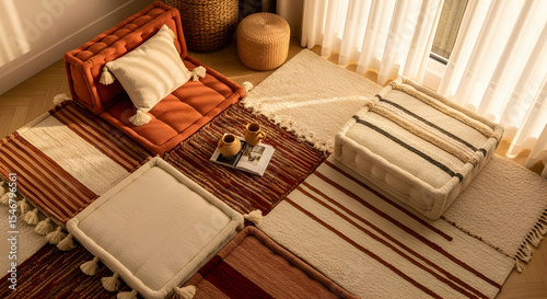 Creative Arrangement Of Earth Toned Cushions And Carpets In Warm Sunlight