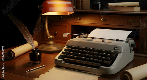 Vintage Writer's Workspace With Classic Typewriter And Antiquated Writing Tools