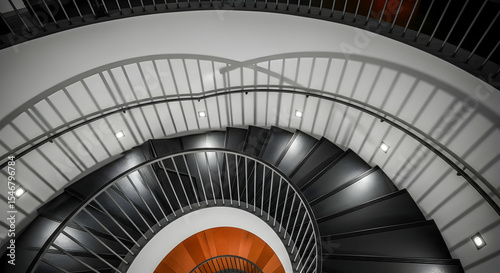 Abstract Spiral Staircase With Geometric Shadows And An Orange Center