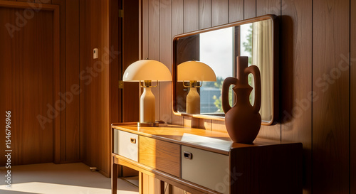 Warm Interior Scene With Retro Table Lamps And Mirror In A Room
