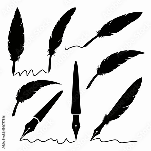 Quill pen writing tools silhouette set