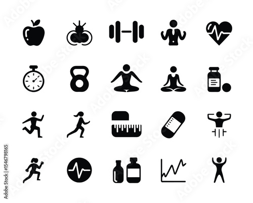 Minimalist Health & Fitness Vector Icon Set – 20 Black-Filled Wellness Symbols with Modern Style and Grid Layout