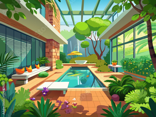 vector of Modern and quiet garden interior with beautiful trees and a small pool in the middle.
