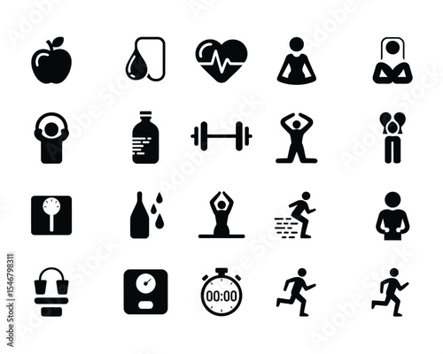 Minimalist Health & Fitness Vector Icon Set – 20 Black-Filled Wellness Symbols with Modern Style and Grid Layout