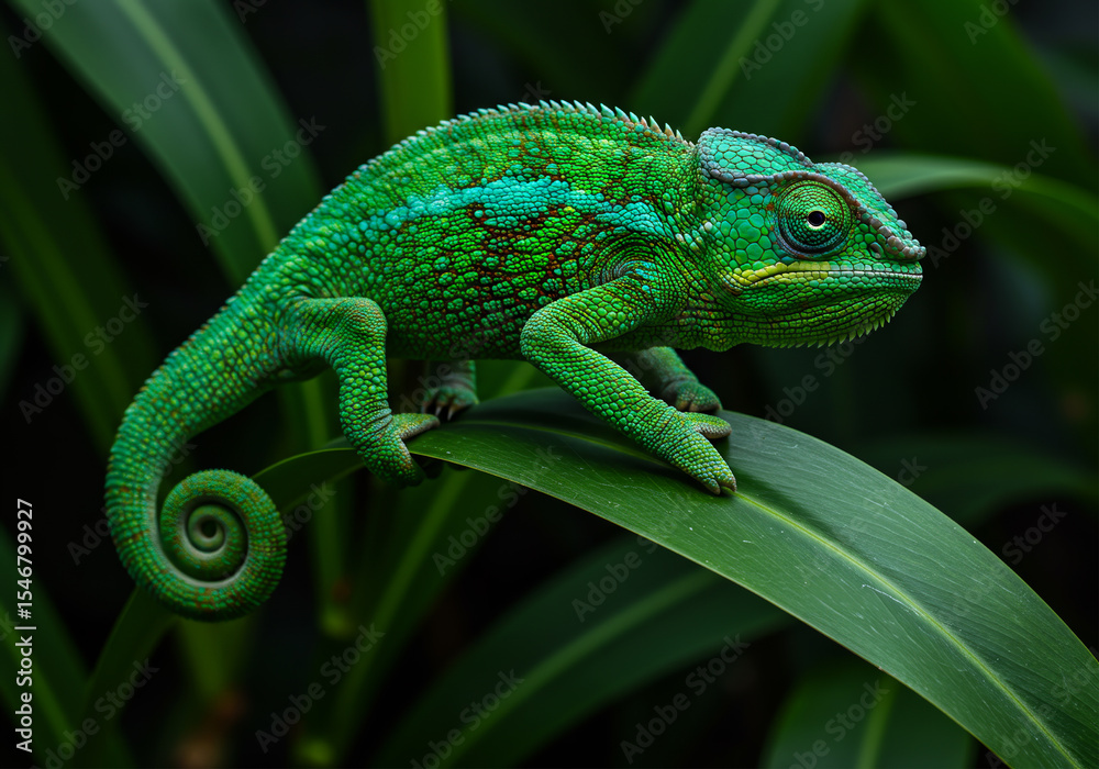 Vibrant Green Chameleon on Lush Leaf Close-Up Photography Vibrant Green Chameleon on Lush Leaf Close-Up Photography