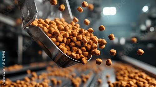 An industrial scene showcasing pet food being poured from a scoop, highlighting the process and attention to quality in pet food production and packaging.