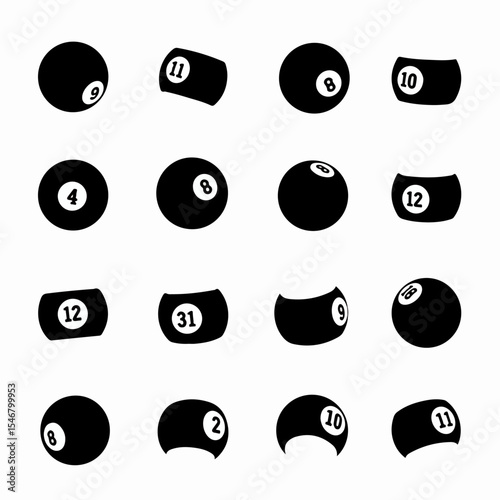 Pool balls with numbers in black color