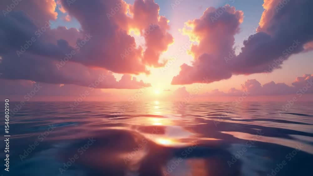 Sunset over calm ocean waters with colorful clouds reflecting, timelapse