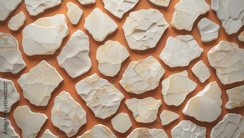Abstract arrangement of pale stones against a warm terracotta background