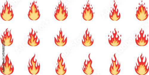 Set of Red and Orange Fire Flames – Vector Icons and Burning Flame Elements for Heat and Energy Design