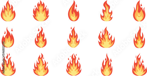 Set of Red and Orange Fire Flames – Vector Icons and Burning Flame Elements for Heat and Energy Design