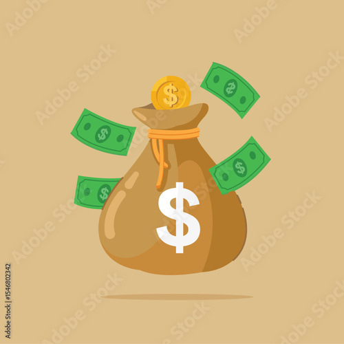 illustration of money bags, coins and paper dollar bills flying around investment profits