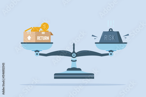 The balance of risk and return investment. The concept of economic health in scales. Illustration of a coin box and an iron weight