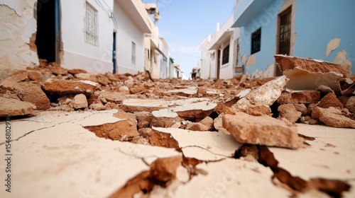 A dramatic view of a street with cracked earth and debris lying scattered, illustrating the aftermath of an earthquake, emphasizing both destruction and the resilience of urban life. photo