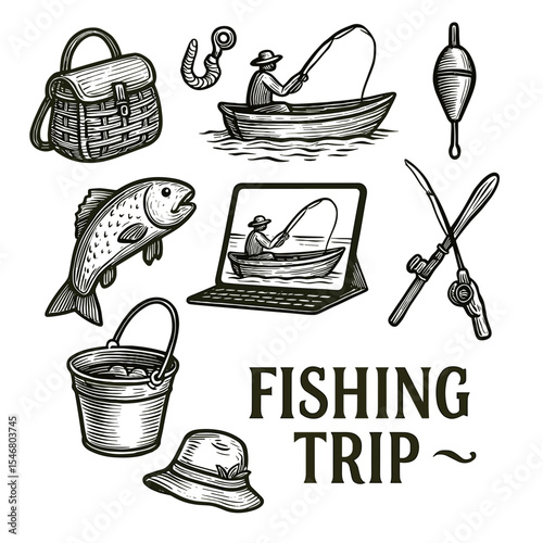 Fishing trip illustration featuring fishing gear and accessories  