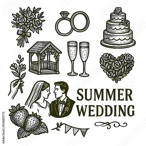 Summer wedding elements with couple, cake, flowers, and decorations  