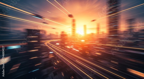 Abstract cityscape at sunset with motion blur showing futuristic technology and speed