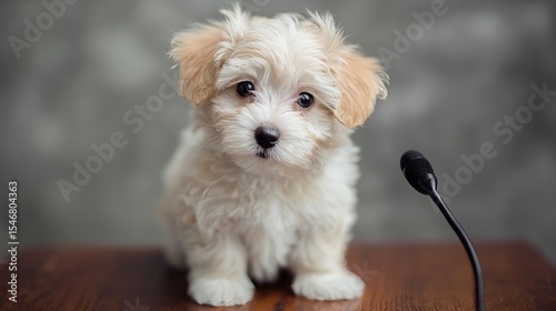 Adorable maltipoo puppy dog speaking at a conference with microphone pet photography and animal speaker