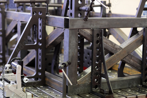steel frame on modular welding table with fixtures