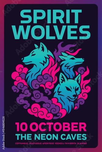 Neon wolves poster illustration with glowing spirit wolves and smoke elements for music event or festival