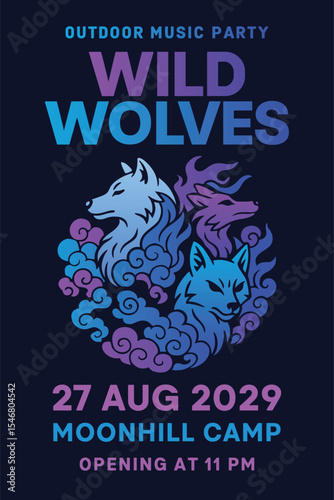 Wild wolves neon poster illustration with glowing wolves and smoke elements for outdoor music party or festival