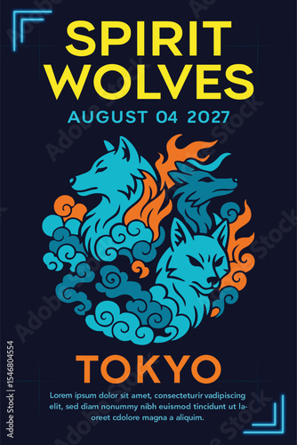 Spirit wolves neon poster illustration with glowing wolves and fire smoke design for music festival or concert event in Tokyo