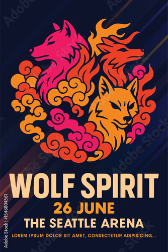 Wolf spirit neon poster illustration with glowing wolves and fire smoke design for music concert or festival event