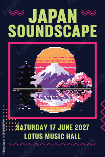 Japan soundscape poster illustration with pixel art style featuring Mount Fuji, cherry blossom, sunset, and retro design for music event or festival