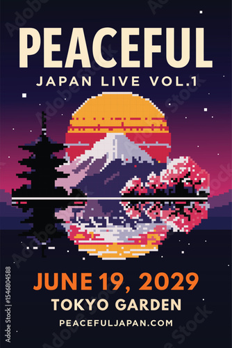 Peaceful Japan live poster illustration with pixel art style showing Mount Fuji, cherry blossom, sunset, lake reflection, and pagoda for music concert or festival