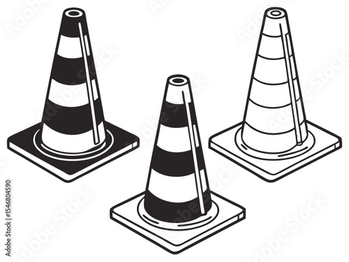 Four isometric traffic cone silhouettes isolated on transparent background
