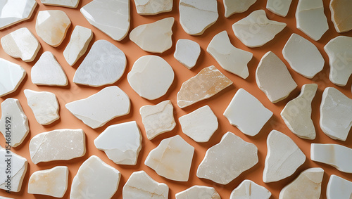 White and beige natural stone pieces arranged on a warm orange background