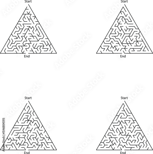 Four Triangular Mazes Lines Start End Points Puzzle Game triangle