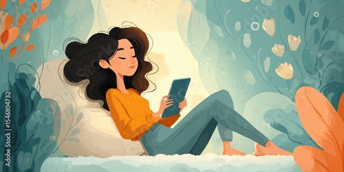 Young Woman Relaxing with Tablet on Cozy Cushion in a Calm Floral-Themed Environment