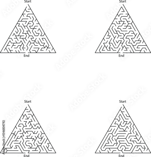 Four Blackand Triangular Mazes Start End Points Complex Paths Puzzle Game Activity