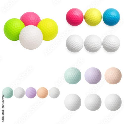 Assorted colourful golf balls – bright summer palette and pastel tints arranged in creative groups – isolated PNG transparent background
