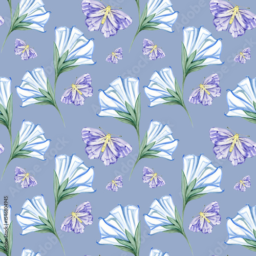 Beautiful flowers and botanical garden night with moon shine and butterflies seamless pattern design for fashion ,fabric,wallpaper and all prints
